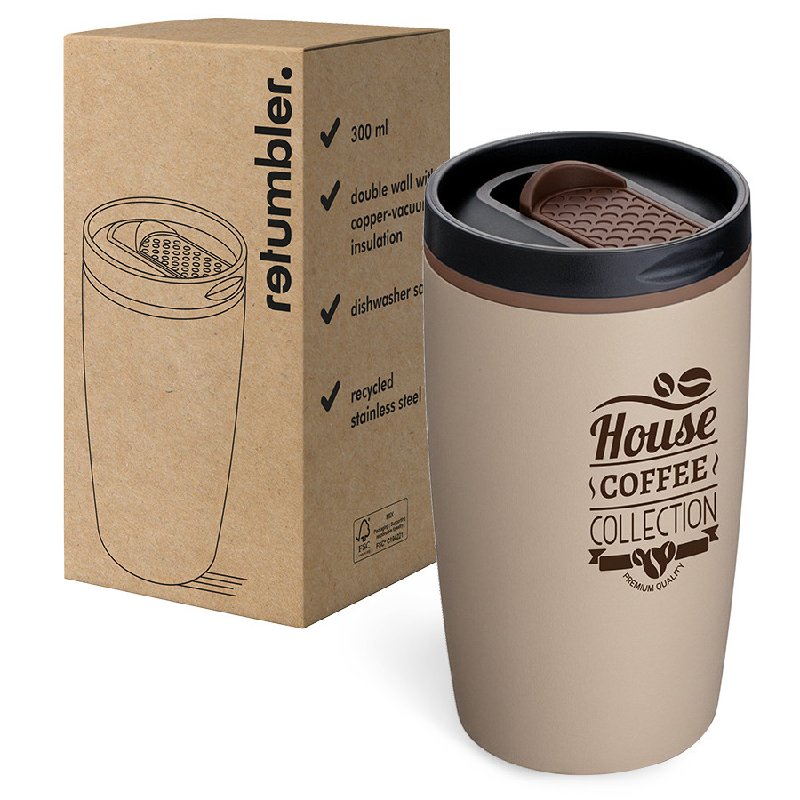 myMetz Thermobecher mit Verpackung Beiger myMetz Thermobecher mit „House Coffee Collection“-Aufdruck und brauner Verpackung von RETUMBLER