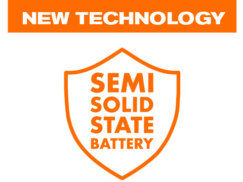 Technology graphic for Semi Solid State Battery with shield symbol and reference to new battery technology.