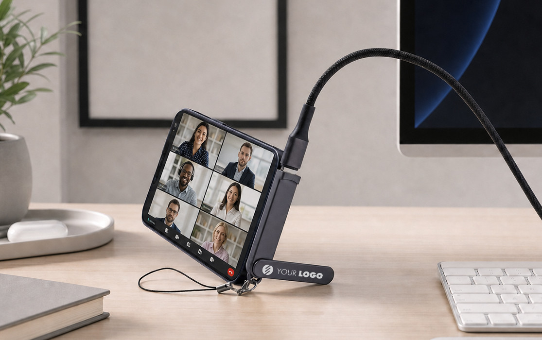 Smartphone im Querformat auf einem kleinen Ständer mit Logofläche und Trageschlaufe auf einem Schreibtisch, per Kabel mit einem Computer verbunden und mit mehreren Personen auf dem Display.