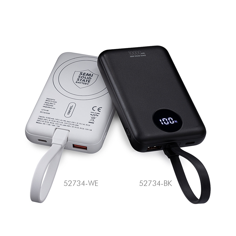 White and black power banks shown from back and front with charging cable, strap and display indicator.