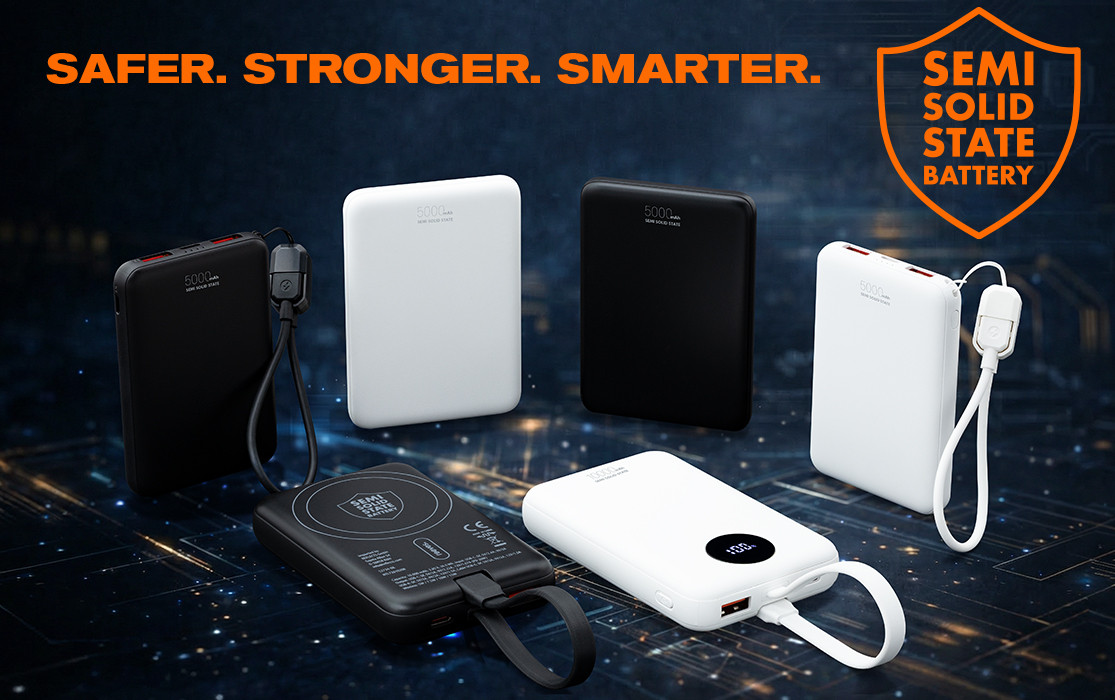Power banks with Semi Solid State Battery for mobile charging Black and white power banks with charging cable and Semi Solid State Battery shown as mobile charging devices on a dark background.