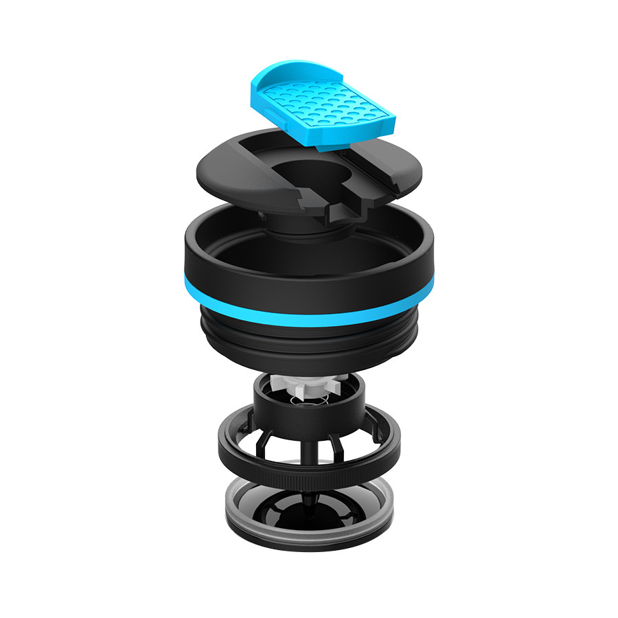 Explosieafbeelding van de myMetz thermobeker deksel met blauwe slider en afdichtringen