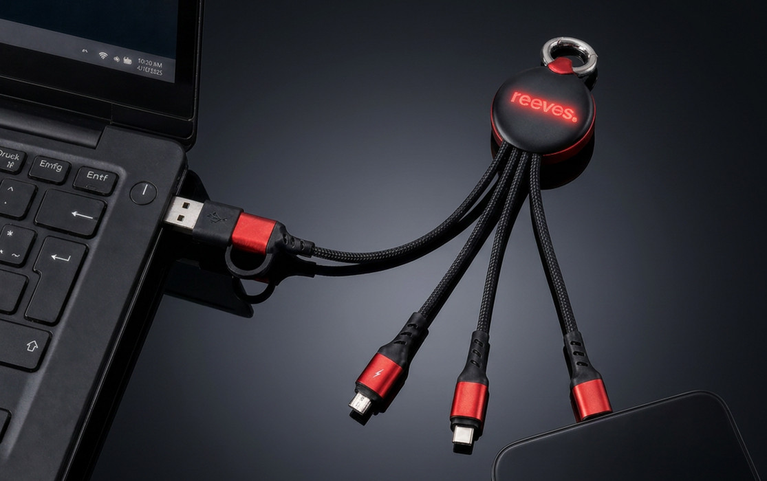 Schwarzes Mehrfach‑Ladekabel mit roten Steckern und Schlüsselring, an einen Laptop angeschlossen, auf dunklem Hintergrund.