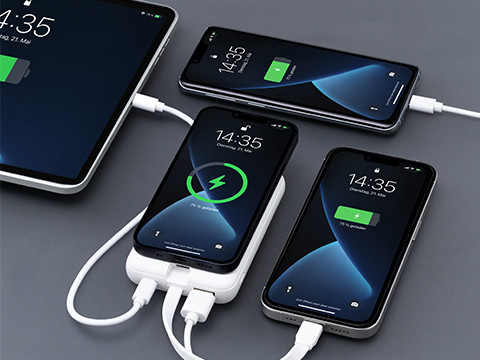 Power bank charging several smartphones at the same time via charging cables on a grey background.