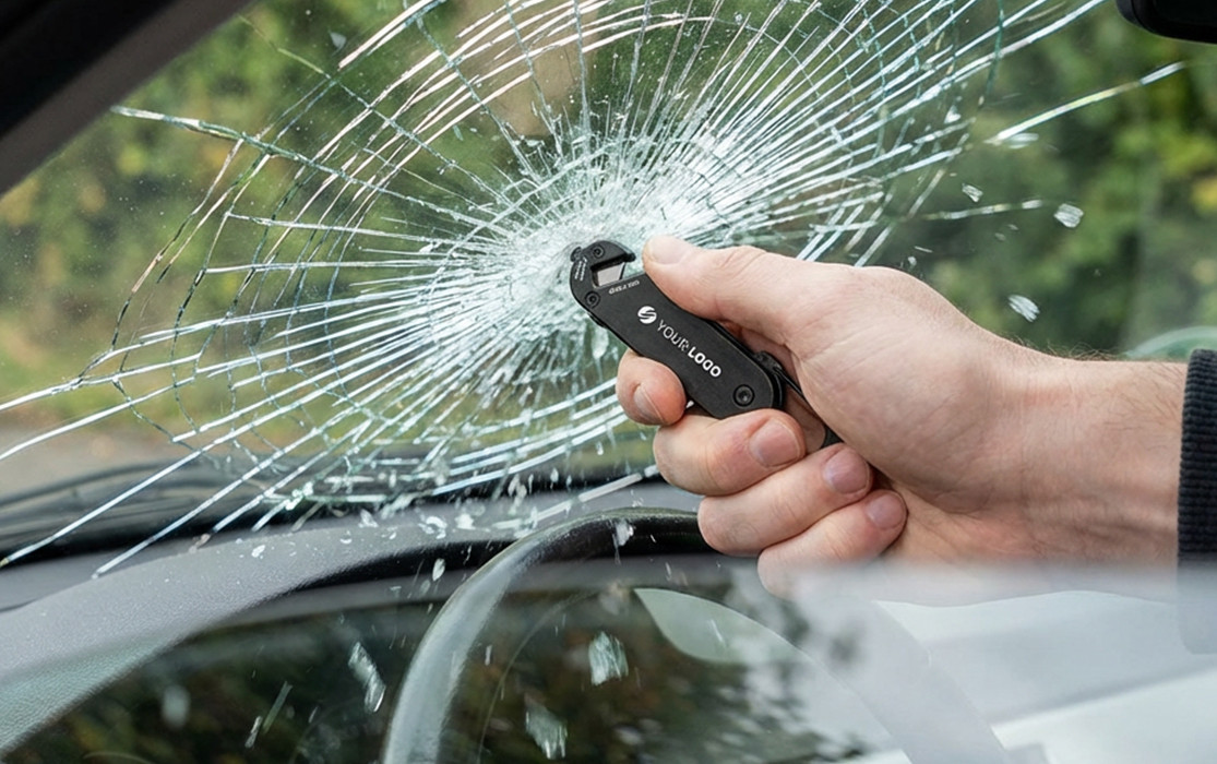 RE98-COLPIN multitool Hand holding the RE98-COLPIN multitool smashing a car window
