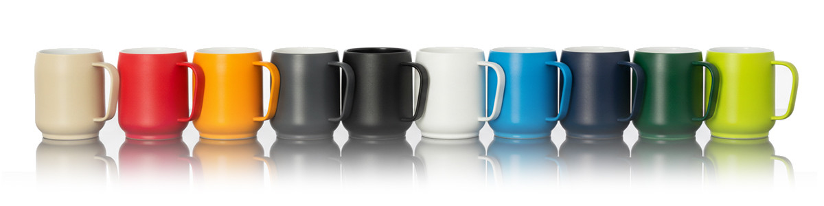 Ten colorful thermal mugs standing in a row on a white background