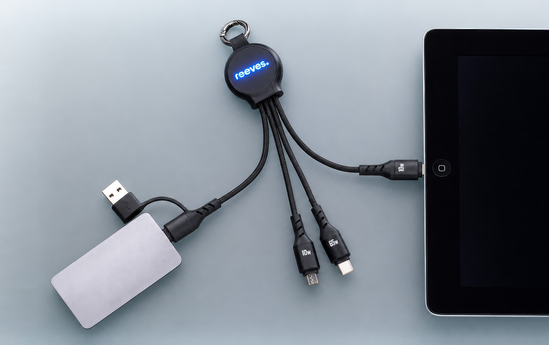 Leuchtender Mehrfach‑Ladekabel‑Adapter mit Schlüsselring, der eine Powerbank mit einem Tablet verbindet.
