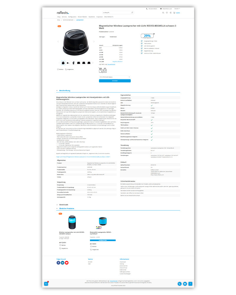 Screenshot Produktdetailseite Reflects Screenshot Produktdetailseite der Reflects Webseite