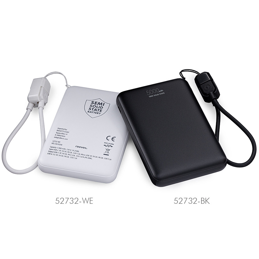 White and black power banks with attached strap shown from back and front.