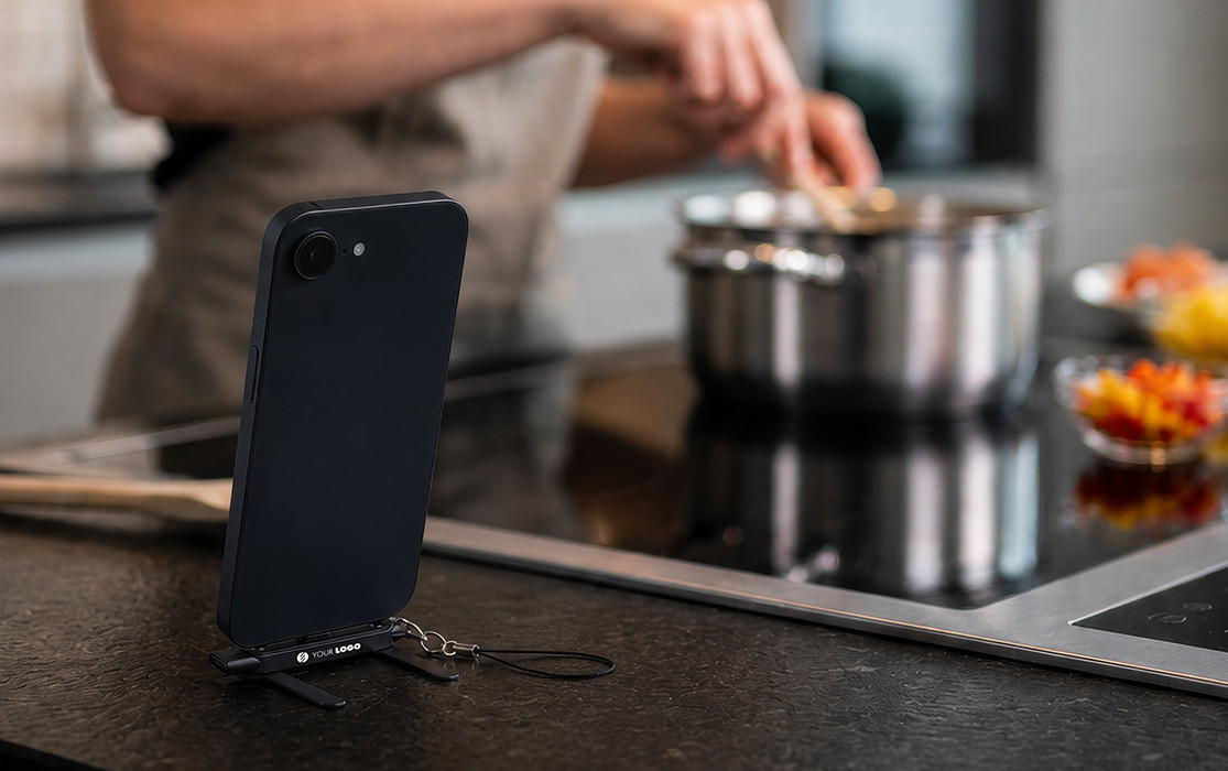 Smartphone auf einem kompakten Ständer mit Trageschlaufe auf einer Arbeitsplatte, im Hintergrund kocht eine Person an einem Topf.