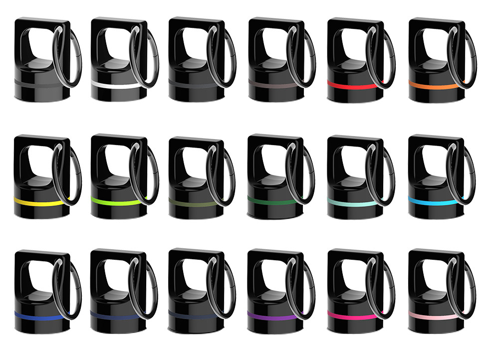 Zwarte retumbler‑flesdoppen met verschillende gekleurde accenten – compatibele vervangdoppen voor roestvrijstalen drinkflessen.