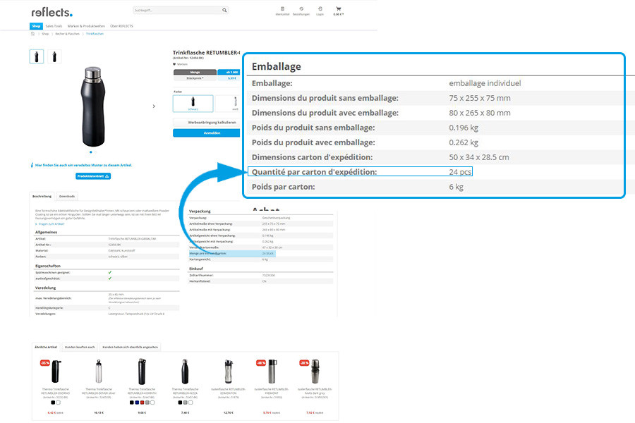 Page du produit en français Informations sur la boîte d'expédition