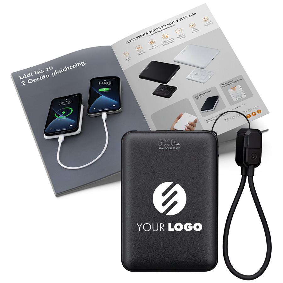 Black power bank with logo print and charging cable in front of a brochure on a light background.