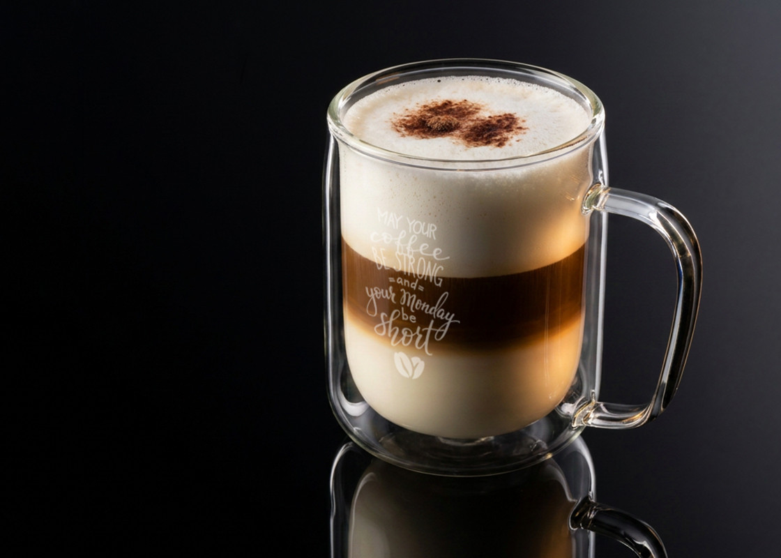 NIZZA doppelwandiges Glas mit Spruch Doppelwandiges NIZZA Glas mit Henkel, gefüllt mit geschichtetem Milchkaffee und Milchschaum, mit weißem Spruchaufdruck auf schwarzem Hintergrund.