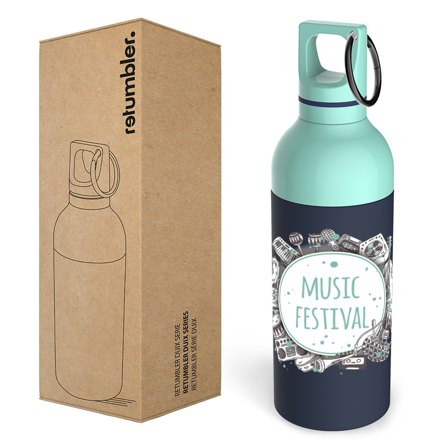 retumbler drinkfles met mintkleurige dop en “Music Festival”-print, naast de duurzame kartonnen verpakking