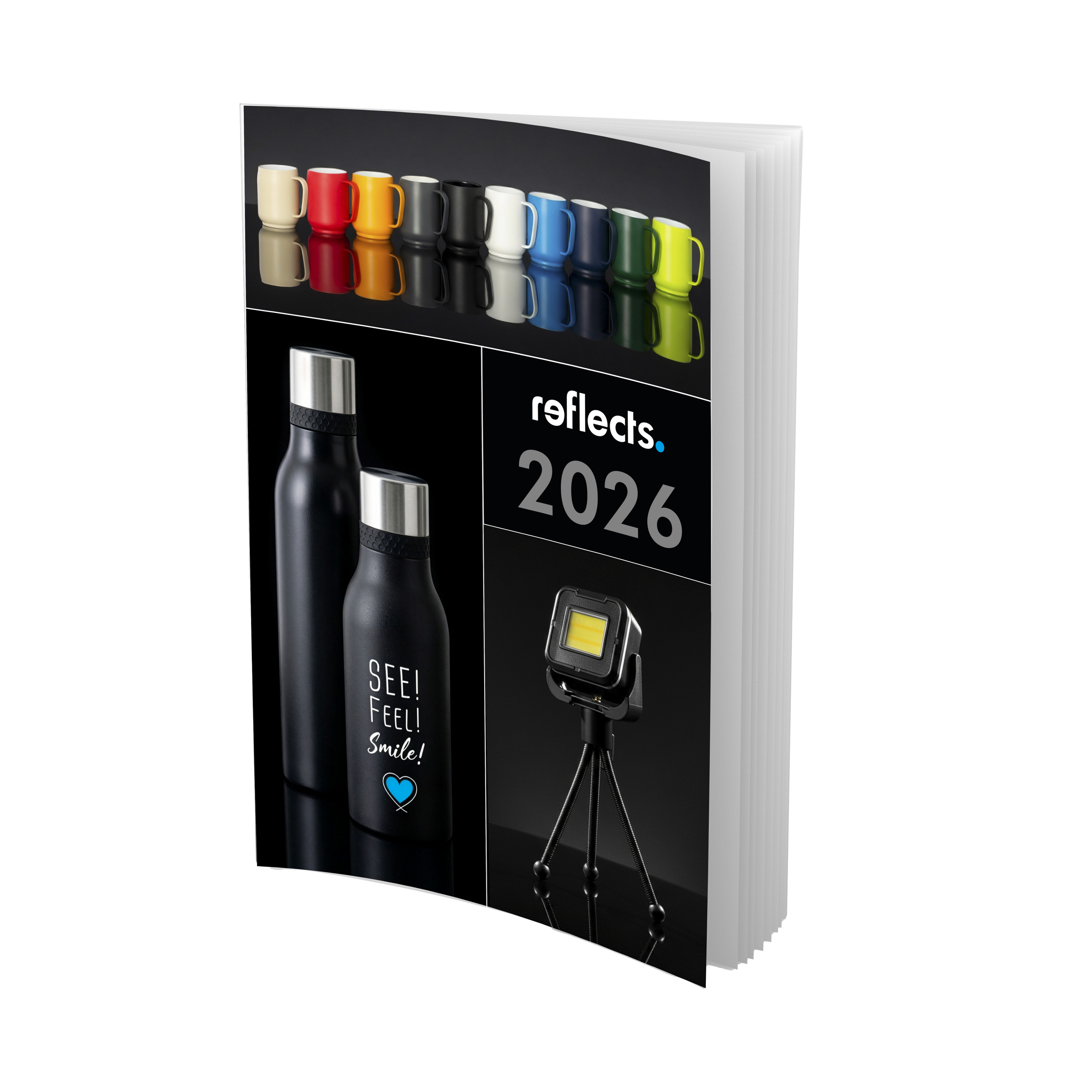 Reflects 2026 catalogus, omslag met gekleurde bekers, flessen en lamp