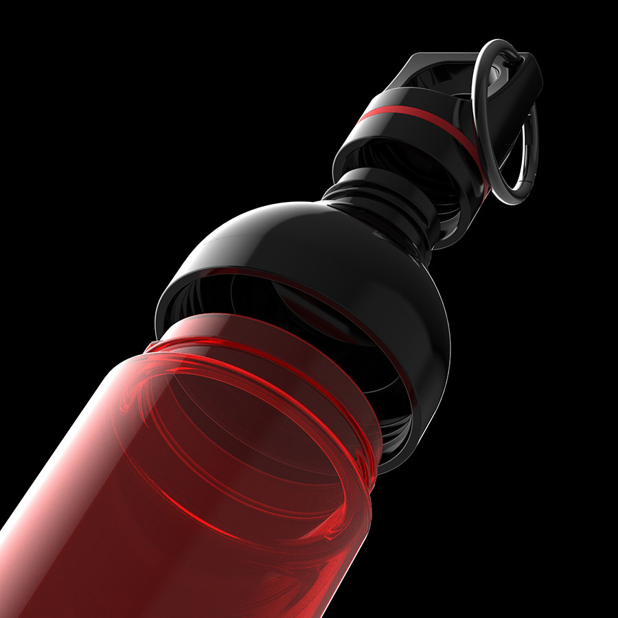 Close‑up van een geopende rode retumbler drinkfles met zwarte dop en rode afdichtring
