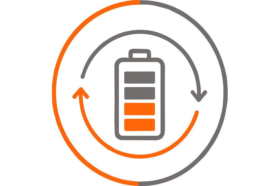 Technology icon with battery symbol and arrows for rechargeable battery performance and long service life.