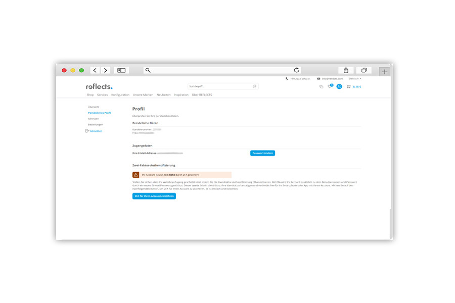 Screenshot Admin Profil Screenshot Profil als eingeloggter Kunde im Reflects Webshop