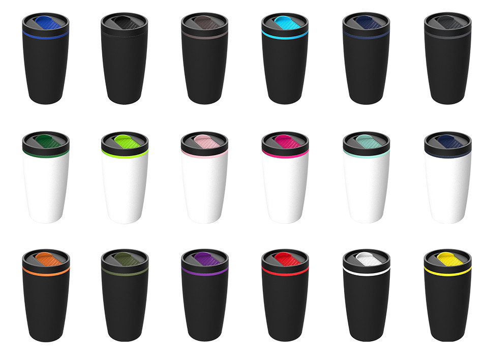 Diverse myMetz thermobekers in zwart en wit met gekleurde sliders, kleurselectie op witte achtergrond