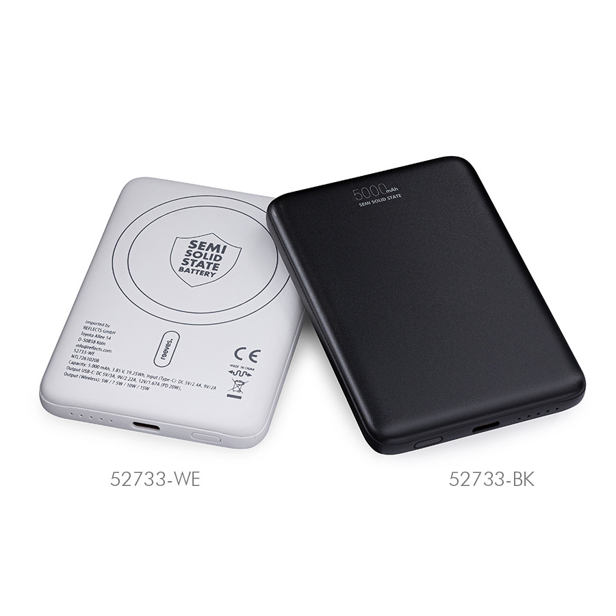 Black and white power banks for mobile charging shown in front and back view.