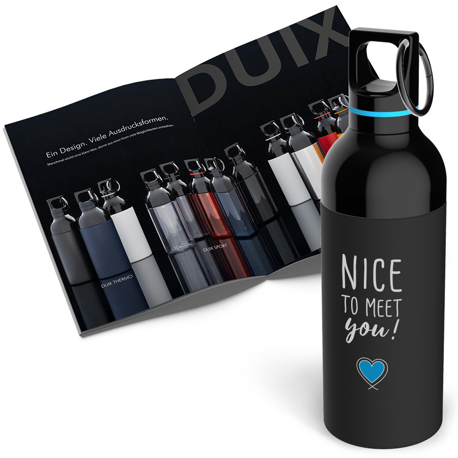 Zwarte retumbler drinkfles met blauw “Nice to meet you!”‑design voor een geopend productcatalogus met diverse kleuren