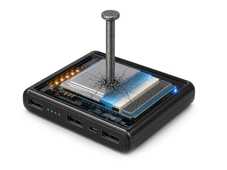 Safe power bank with Semi Solid State Battery Technical illustration of a black power bank with durable Semi Solid State Battery and a focus on safety.