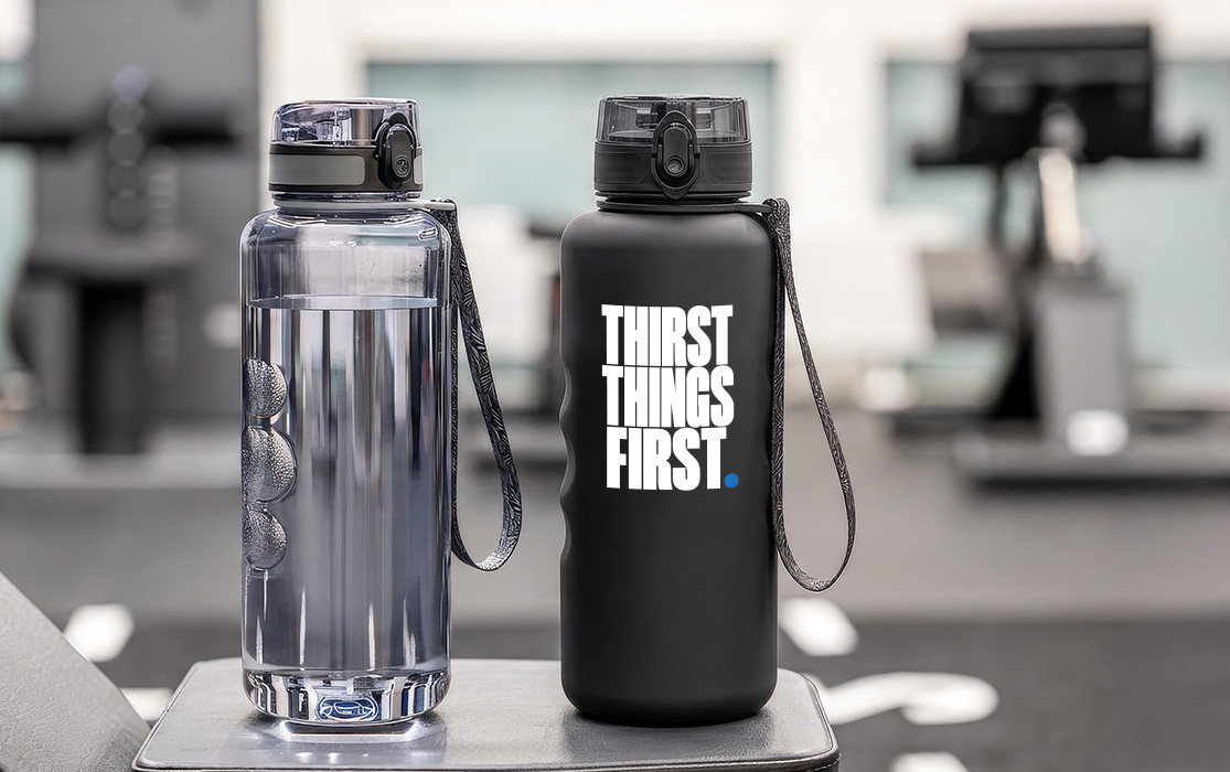 Zwei CASAN XXL Trinkflaschen mit Trageschlaufe, eine transparente mit Wasser und Eiswürfeln, eine schwarze mit dem Aufdruck „THIRST THINGS FIRST.“ in sportlicher Umgebung.