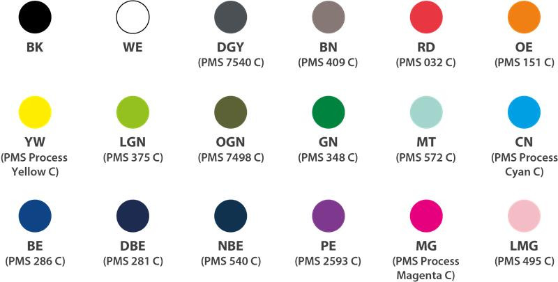 Kleuroverzicht met diverse PMS‑tinten zoals zwart, wit, grijs, rood, oranje, geel, groen, blauw en magenta