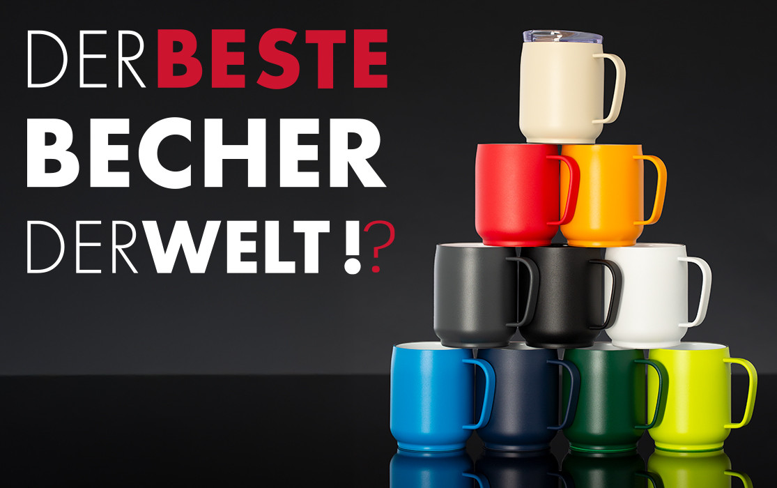 Bunter Becherstapel vor schwarzem Hintergrund und Schriftzug „Der beste Becher der Welt!?“ - NEU