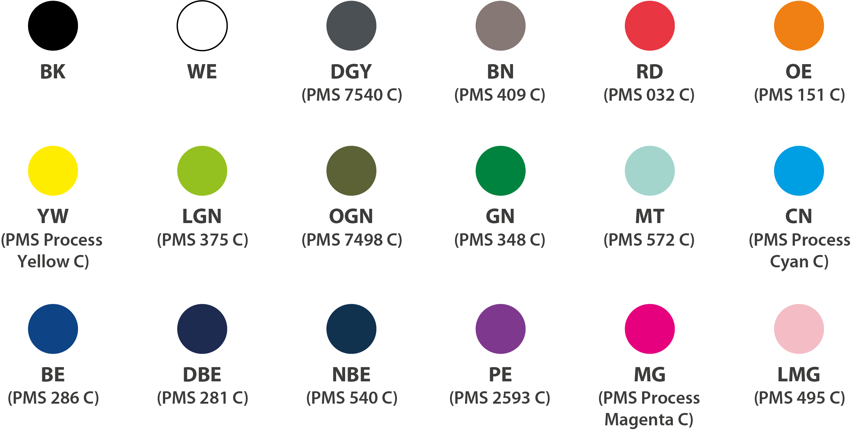 Kleuroverzicht met 16 kleurcirkels en kleurcodes waaronder zwart, wit, diverse blauwtinten en groentinten, rood, oranje, geel, roze en grijs