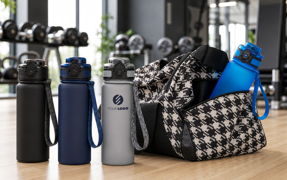 Mehrere CAMAS Trinkflaschen mit Trageschlaufe in verschiedenen Farben neben einer Sporttasche in einem Fitnessstudio.